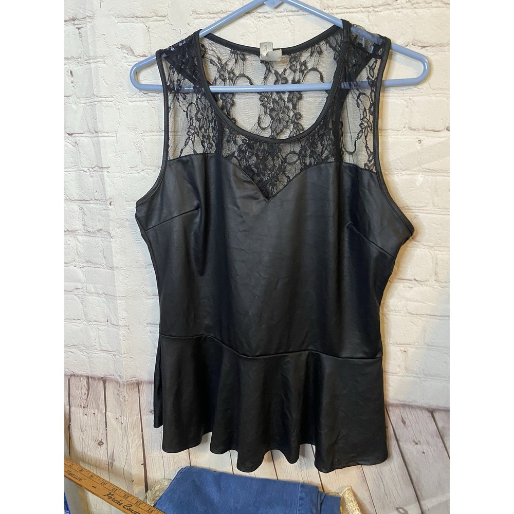PLeather and Black Lace-Trim Peplum Bustier Top - Women's Medium